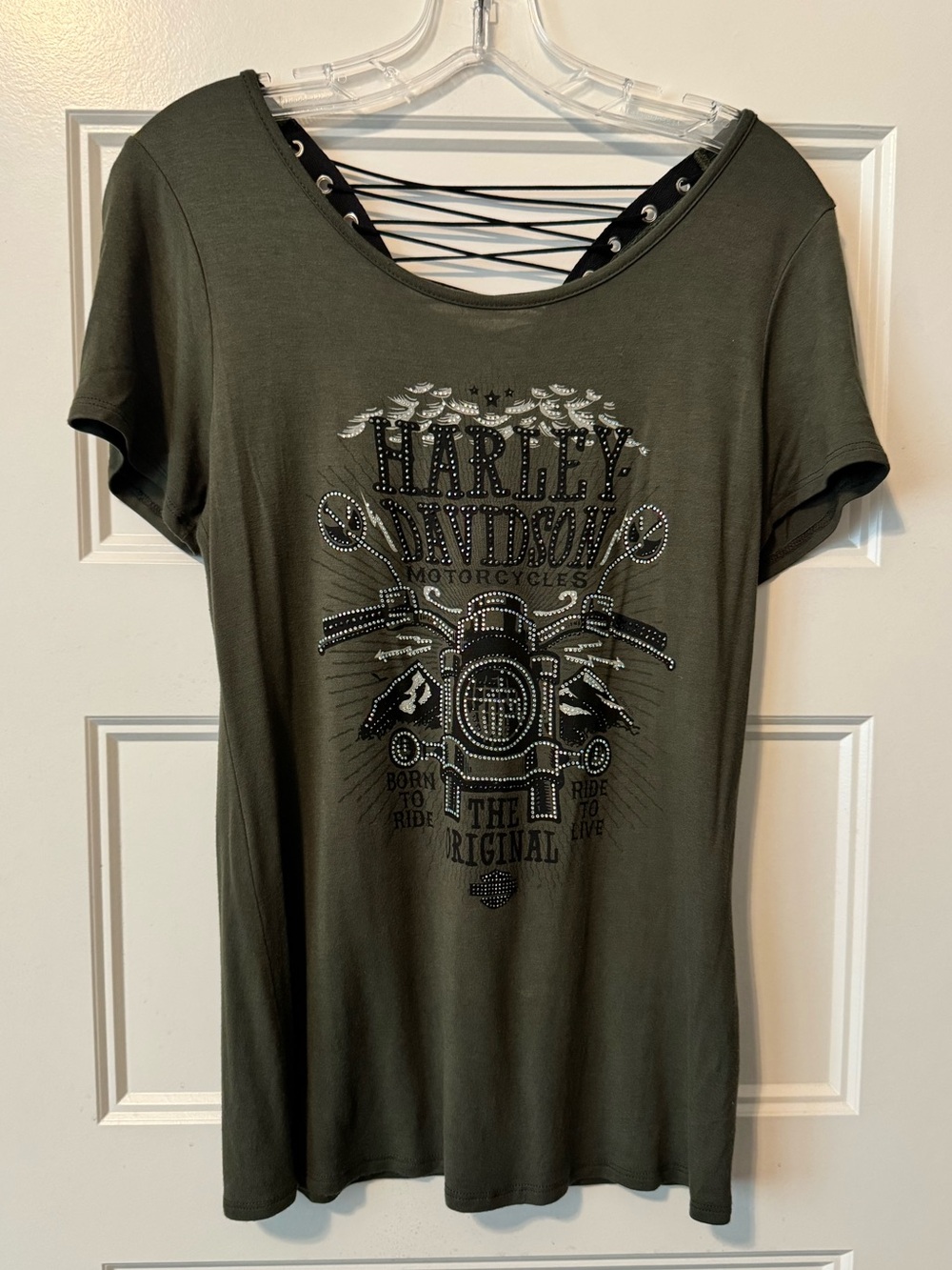 Harley-Davidson Lace-Up Back Rhinestone Graphic Tee Olive Green Size M